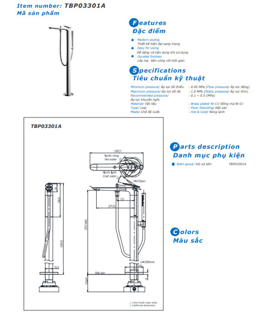 Chi tiết thông số sản phẩm thuộc bộ sưu tập sen vòi Z Collection 