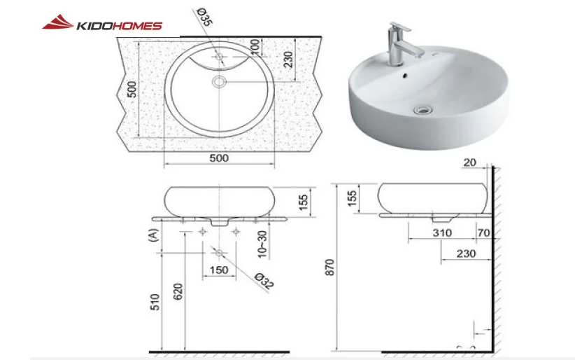 Chiều cao lavabo tiêu chuẩn của chậu rửa lavabo đặt bàn