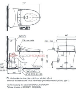 Bản vẽ kỹ thuật của bàn cầu hai khối TOTO CS767CRW24#XW kèm WASHLET S2