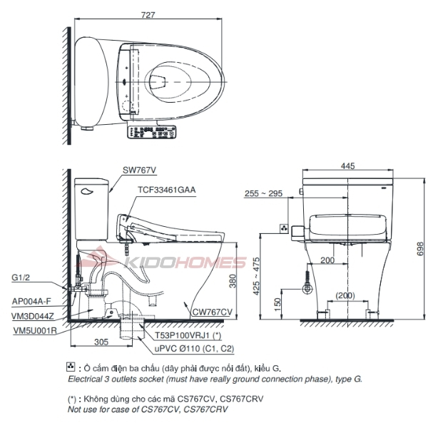 Bản vẽ kỹ thuật của bàn cầu hai khối TOTO CS767CRW24#XW kèm WASHLET S2
