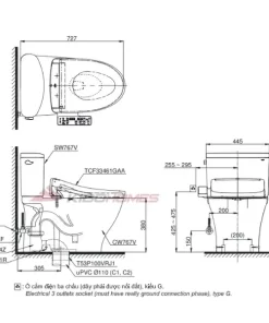 Bản vẽ kỹ thuật của bàn cầu 2 khối TOTO CS767RW24#XW kèm WASHLET S2