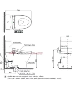 Bản vẽ kỹ thuật của bàn cầu 2 khối TOTO CS769DRW24#XW kèm WASHLET S2