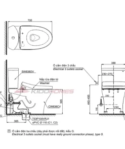 Bản vẽ kỹ thuật của bàn cầu 2 khối TOTO CS838CDW24#XW kèm WASHLET S2