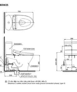 Bản vẽ kỹ thuật của bàn cầu thông minh TOTO CS838DW25#XW