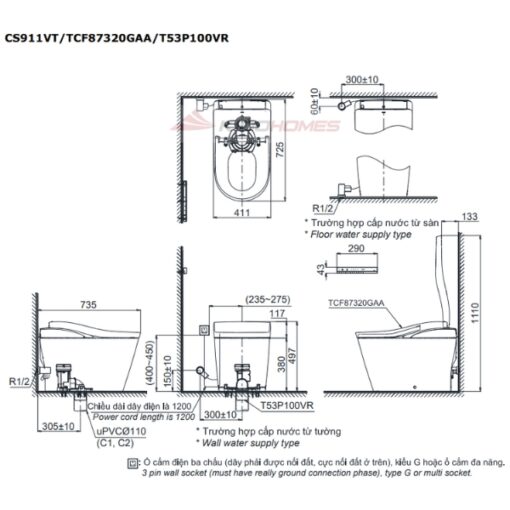 Bản vẽ kỹ thuật của bàn cầu thông minh TOTO NEOREST LS CS911VT#NW1/TCF87320GAA#NW1/T53P100VR