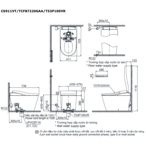 Bản vẽ kỹ thuật bàn cầu thông minh NEOREST LS CS911VT#NW1/TCF87220GAA#NW1/T53P100VR