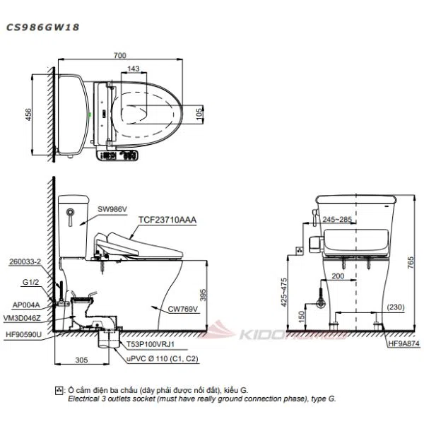 Bản vẽ kỹ thuật bồn cầu hai khối kèm nắp rửa điện tử WASHLET dòng C2 cơ bản CS986GW18