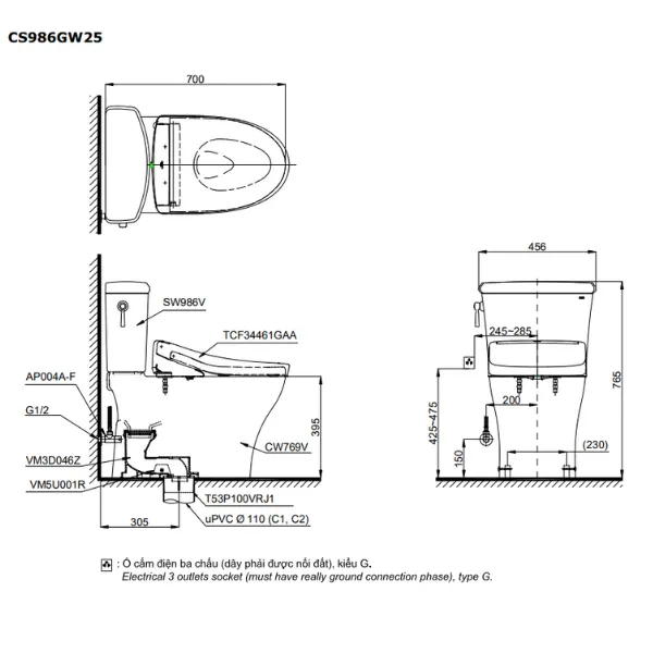 Bản vẽ kỹ thuật của bàn cầu thông minh TOTO CS986GW25#XW