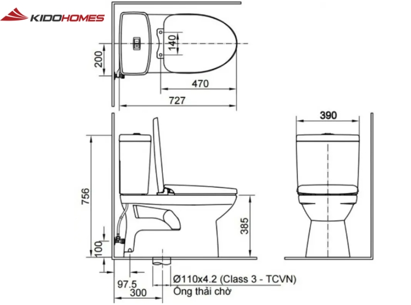 kích thước bồn cầu 1 khối và bồn cầu 2 khối