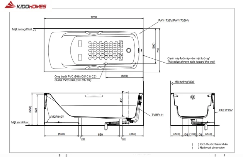 Kích thước bồn tắm nằm TOTO tiêu chuẩn