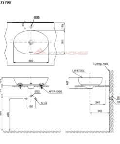 Bản vẽ kỹ thuật của chậu lavabo đặt bàn TOTO LT1705#MW