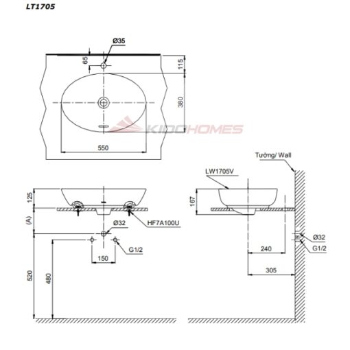 Bản vẽ kỹ thuật của chậu lavabo đặt bàn TOTO LT1705#MW