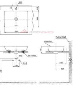 Bản vẽ kỹ thuật của chậu lavabo đặt bàn TOTO LT1735#MBL