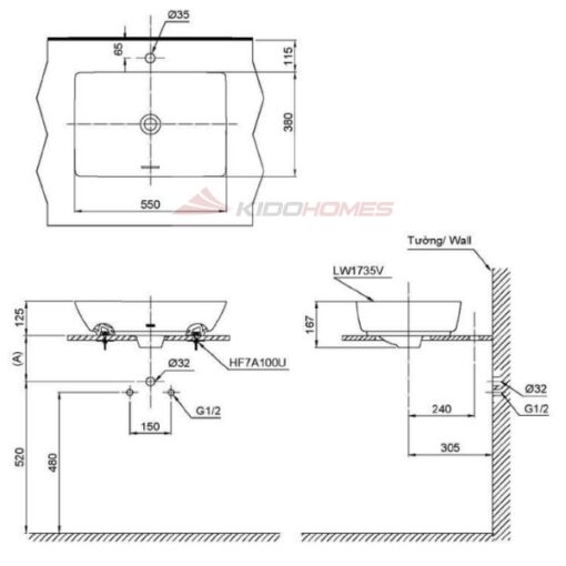 Bản vẽ kỹ thuật của chậu lavabo đặt bàn TOTO LT1735#MBL