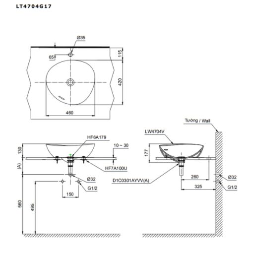 Bản vẽ kỹ thuật của chậu đặt bàn TOTO LT4704G17#MBL