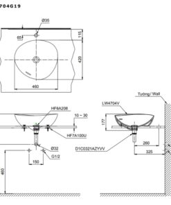 Bản vẽ kỹ thuật của chậu đặt bàn TOTO LT4704G19#MBL