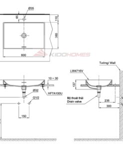 Bản vẽ kỹ thuật của chậu đặt bàn Linear Ceram TOTO LT4716G17#MBL