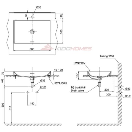 Bản vẽ kỹ thuật của chậu đặt bàn Linear Ceram TOTO LT4716G17#MBL