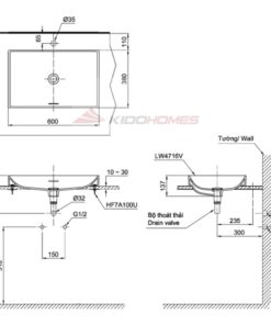 Bản vẽ kỹ thuật của chậu đặt bàn Linear Ceram TOTO LT4716G19#MBL