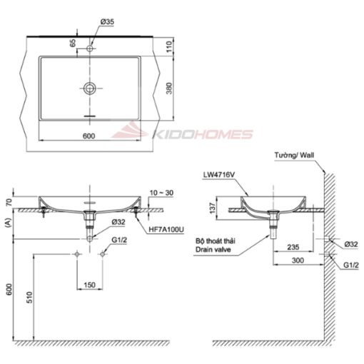 Bản vẽ kỹ thuật của chậu đặt bàn Linear Ceram TOTO LT4716G19#MBL