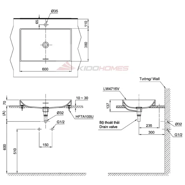Bản vẽ kỹ thuật của chậu đặt bàn Linear Ceram TOTO LT4716G19#MBL