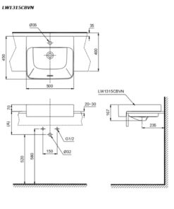 Bản vẽ kỹ thuật chậu bán âm bàn TOTO LW1315CBVN#XW