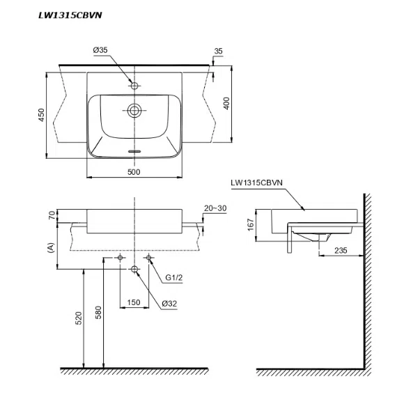 Bản vẽ kỹ thuật chậu bán âm bàn TOTO LW1315CBVN#XW