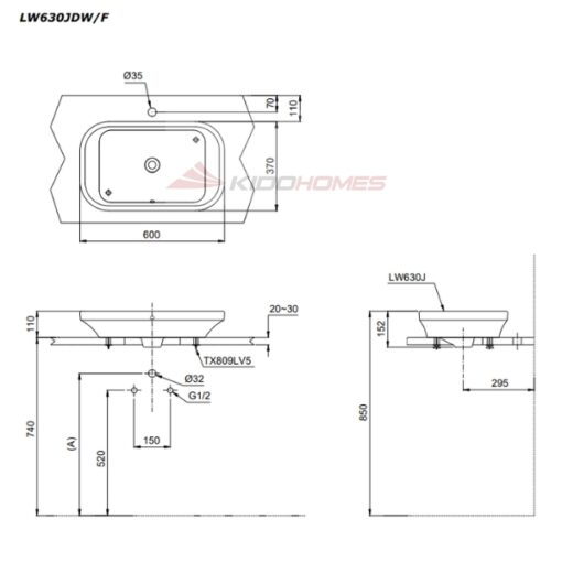 Bản Vẽ Kỹ Thuật Chậu Đặt Bàn TOTO LW630JDW/F#MDR