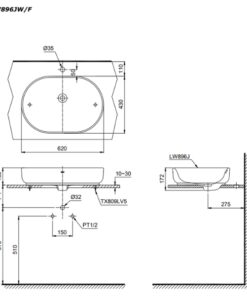 Bản vẽ kỹ thuật của chậu đặt trên bàn TOTO LW896JW/F#FRG