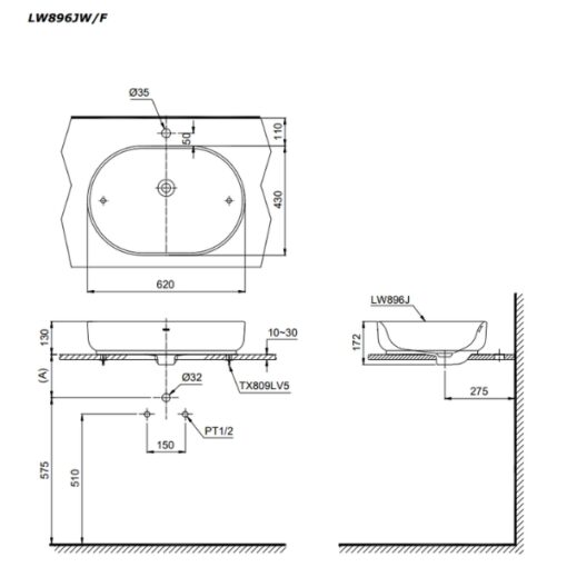 Bản vẽ kỹ thuật của chậu đặt trên bàn TOTO LW896JW/F#FRG