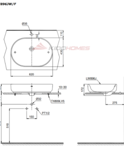 Bản vẽ kỹ thuật của chậu đặt trên bàn TOTO LW896JW/F#SCR