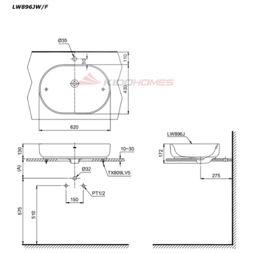 Bản vẽ kỹ thuật của chậu đặt trên bàn TOTO LW896JW/F#SCR