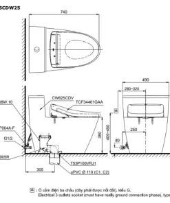 Bản vẽ kỹ thuật của bàn cầu thông minh TOTO MS625CDW25#XW