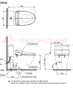 Bản vẽ kỹ thuật của bàn cầu thông minh TOTO MS857DW25#XW