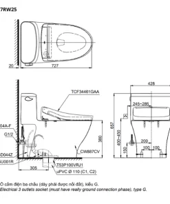 Bản vẽ kỹ thuật của bàn cầu thông minh TOTO MS887RW25#XW