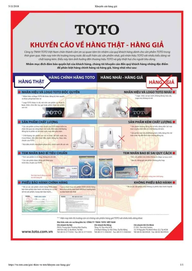 Nhận biết thiết bị vệ sinh TOTO giả hay thật qua khuyến cáo của nhà sản xuất