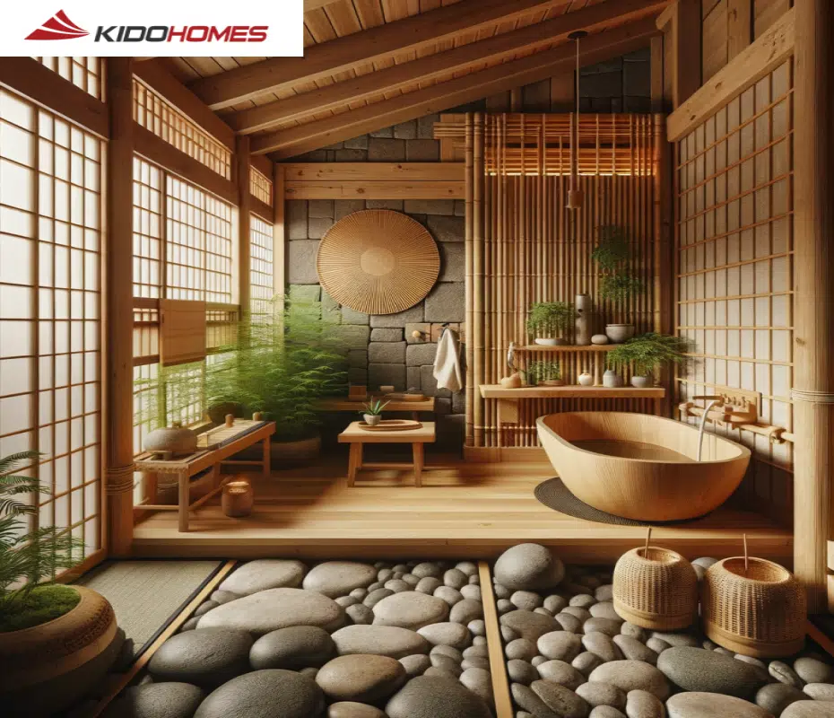 Nguyên tắc thiết kế phòng tắm kiểu Nhật: vật liệu cấu thành chủ yếu từ gỗ, tre, vật liệu thiên nhiên