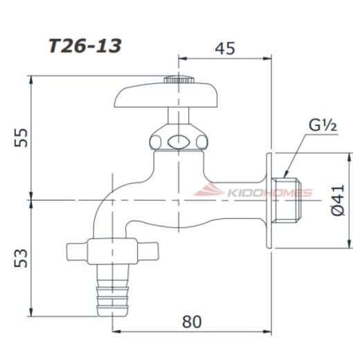 Bản vẽ kỹ thuật của vòi chậu rửa T26-13 lạnh (gắn tường)