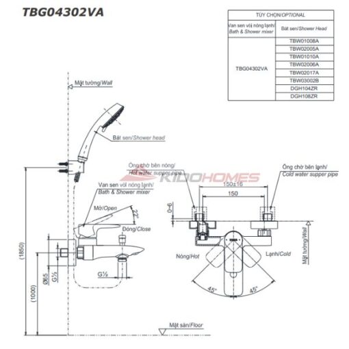 Bản vẽ kỹ thuật bộ trộn nóng lạnh TOTO TBG04302VA