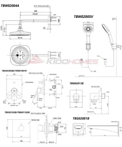 Bản vẽ kỹ thuật của bộ sen tắm âm tường TOTO TBG04304BA/TBN01001B/TBV02103B/TBN01102B/TBW02013B/TBW02004A/TBW2005V/TBG02001B
