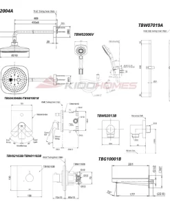 Bản vẽ kỹ thuật của bộ sen tắm âm tường TOTO TBG04304BA/TBN01001B/TBV02103B/TBN01102B/TBW02013B/TBW02004A/TBW2006V/TBW07018A/TBG10001B
