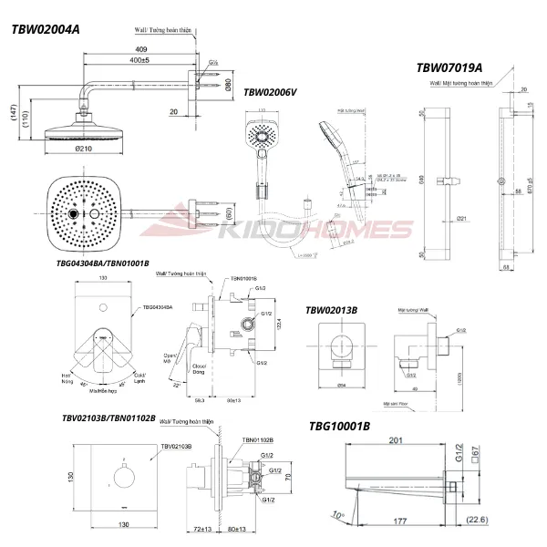 Bản vẽ kỹ thuật của bộ sen tắm âm tường TOTO TBG04304BA/TBN01001B/TBV02103B/TBN01102B/TBW02013B/TBW02004A/TBW2006V/TBW07018A/TBG10001B