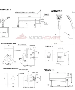 Bản vẽ kỹ thuật của bộ sen tắm âm tường TOTO TBG04304BA/TBN01001B/TBV02103B/TBN01102B/TBW02013B/TBW08001A/TBW2005V/TBG10001B