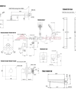 Bản vẽ kỹ thuật của bộ sen tắm âm tường TOTO TBG04304BA/TBN01001B/TBV02103B/TBN01102B/TBW02013B/TBW08001A/TBW2006V/TBW07018A/TBG10001B