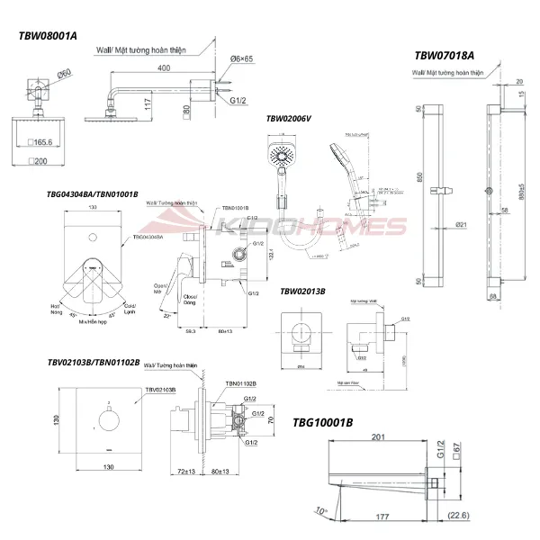 Bản vẽ kỹ thuật của bộ sen tắm âm tường TOTO TBG04304BA/TBN01001B/TBV02103B/TBN01102B/TBW02013B/TBW08001A/TBW2006V/TBW07018A/TBG10001B