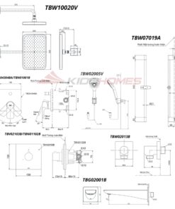 Bản vẽ kỹ thuật của bộ sen âm tường TOTO TBG04304BA/TBN01001B/TBV02103B/TBN01102B/TBW02013B/TBW10020V/TBW02005V/TBW07019A/TBG02001B