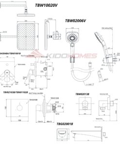 Bản vẽ kỹ thuật của bộ sen tắm âm tường TOTO TBG04304BA/TBN01001B/TBV02103B/TBN01102B/TBW02013B/TBW10020V/TBW02006V/TBG02001B