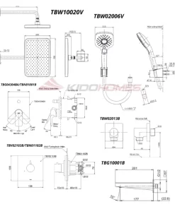 Bản vẽ kỹ thuật của bộ sen tắm âm tường TOTO TBG04304BA/TBN01001B/TBV02103B/TBN01102B/TBW02013B/TBW10020V/TBW2006V/TBG10001B