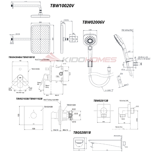 Bản vẽ kỹ thuật của bộ sen tắm âm tường TOTO TBG04304BA/TBN01001B/TBV02103B/TBN01102B/TBW02013B/TBW10020V/TBW02006V/TBG02001B