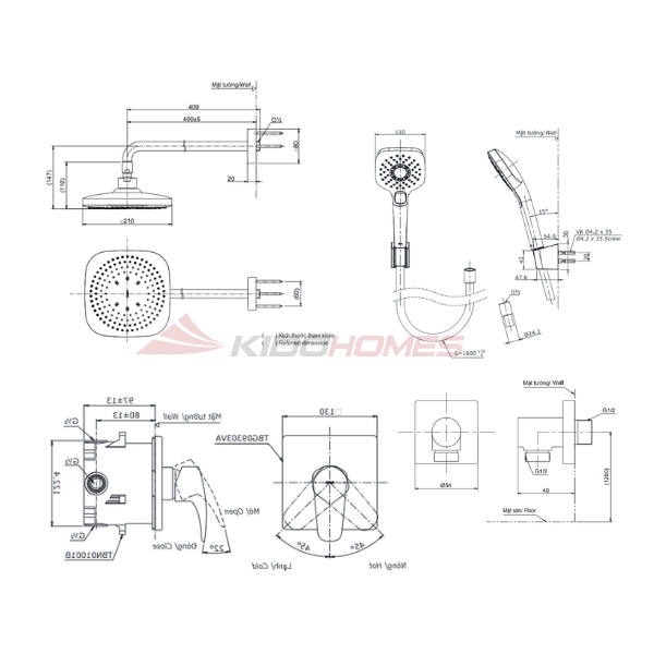 Bản vẽ kỹ thuật của bộ sen tắm âm tường TOTO TBG04304BA/TBN01001B/TBW02013B/TBW02003A/TBW02006V